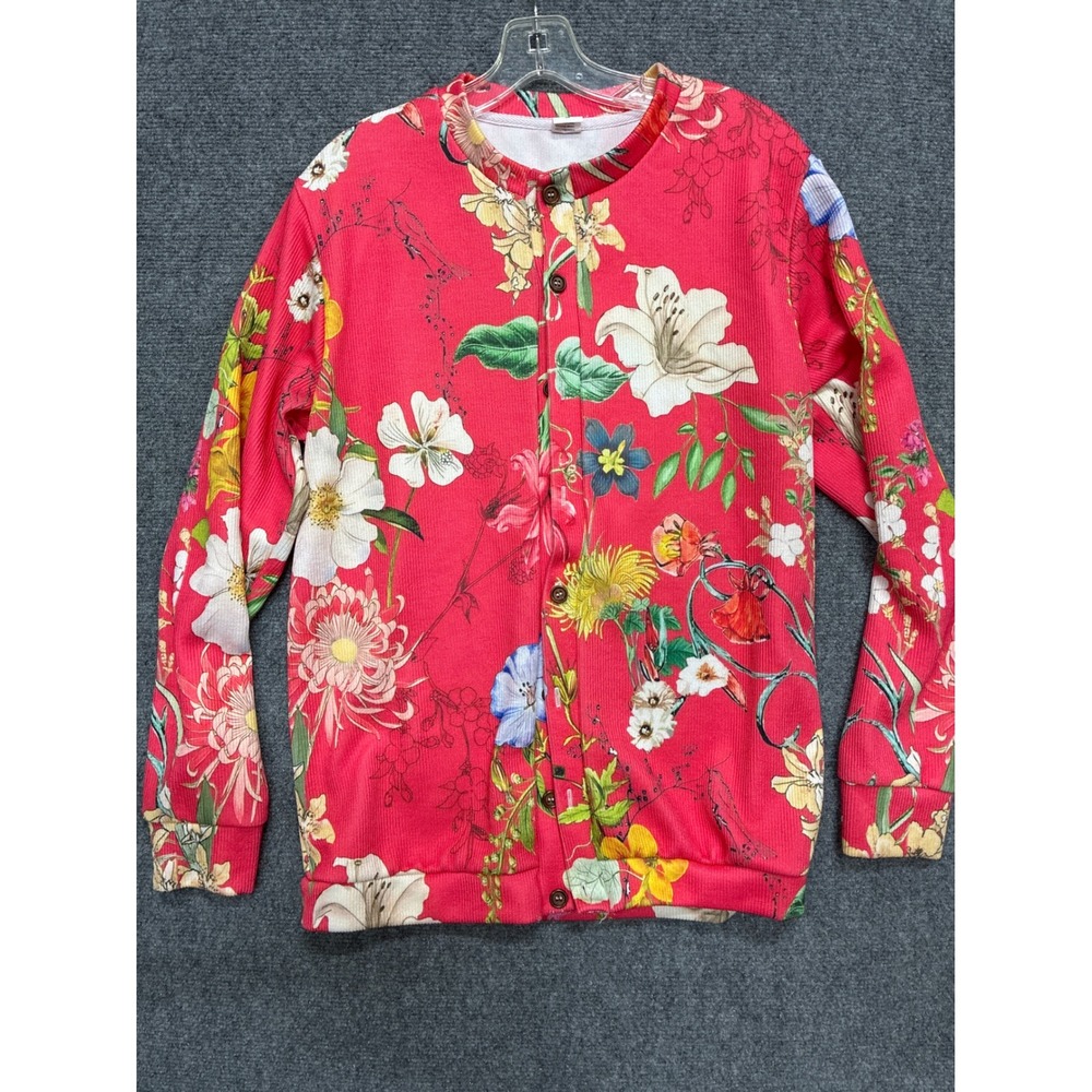 Hummingbird Red Floral  Ribbed Button Front Cardigan Button Up Top Medium